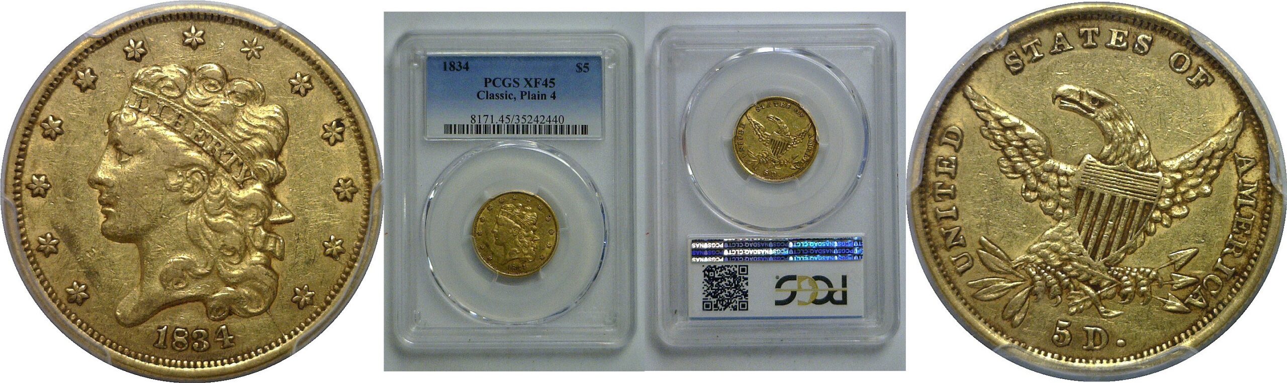 1834 Plain 4   $5 Classic   PCGS XF-45