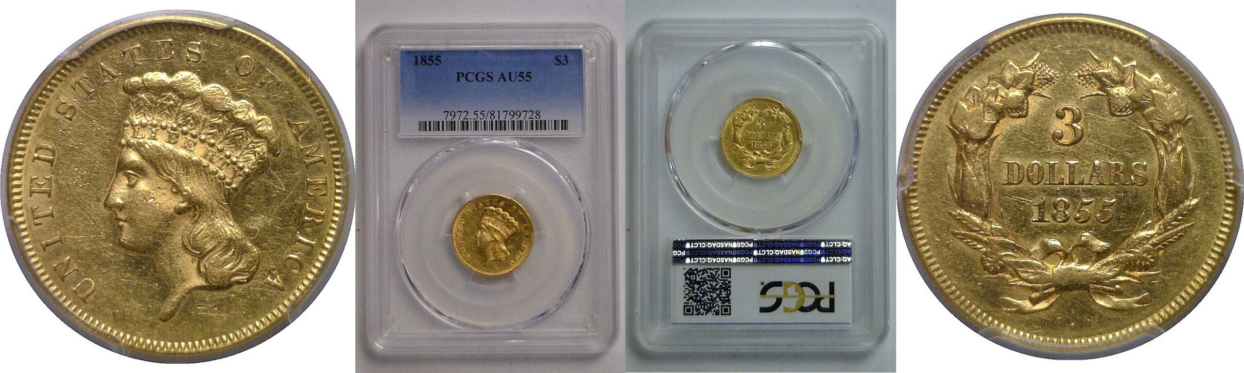 1855 $3 Princess   PCGS AU-55