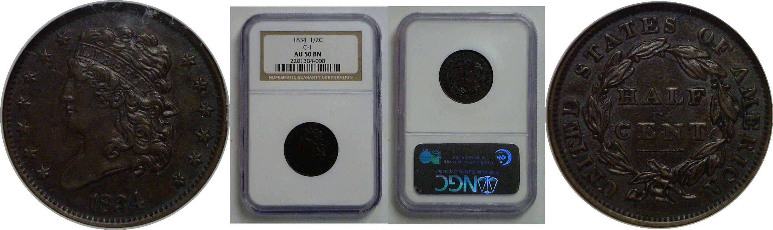 1834 Half Cent   NGC AU-50