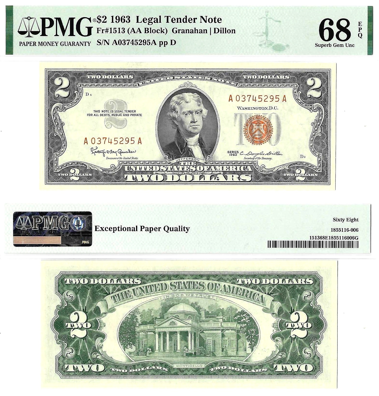 1963 $2 Legal Tender Note Fr. 1513 PMG Superb Gem Unc 68 EPQ