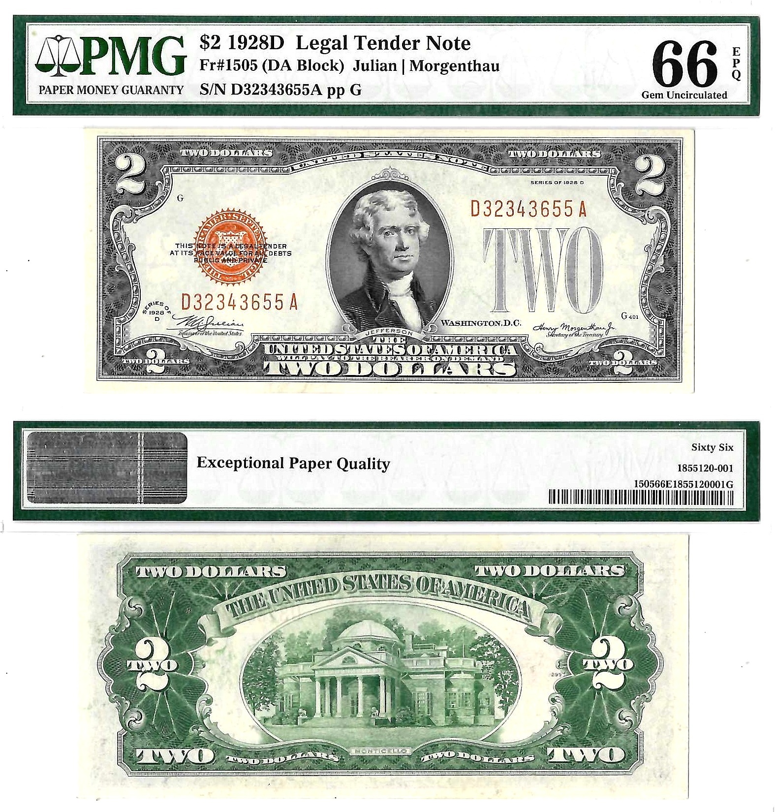1928-D $2 Legal Tender Note Fr. 1505 PMG Gem Uncirculated 66 EPQ