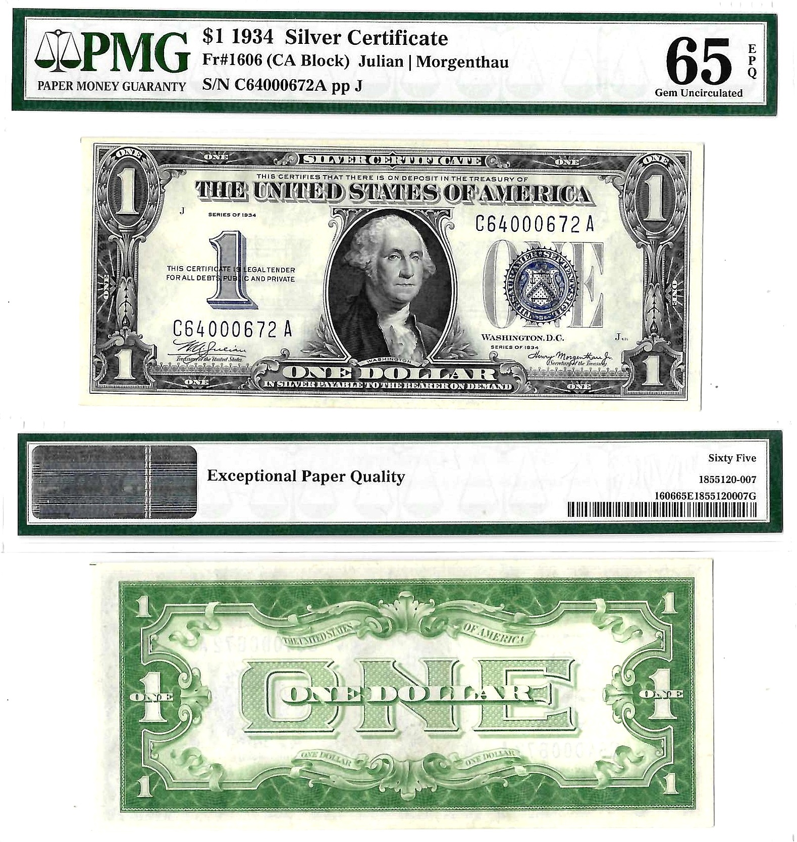 1934 $1 Silver Certificate Fr. 1606 PMG Gem Uncirculated 65 EPQ