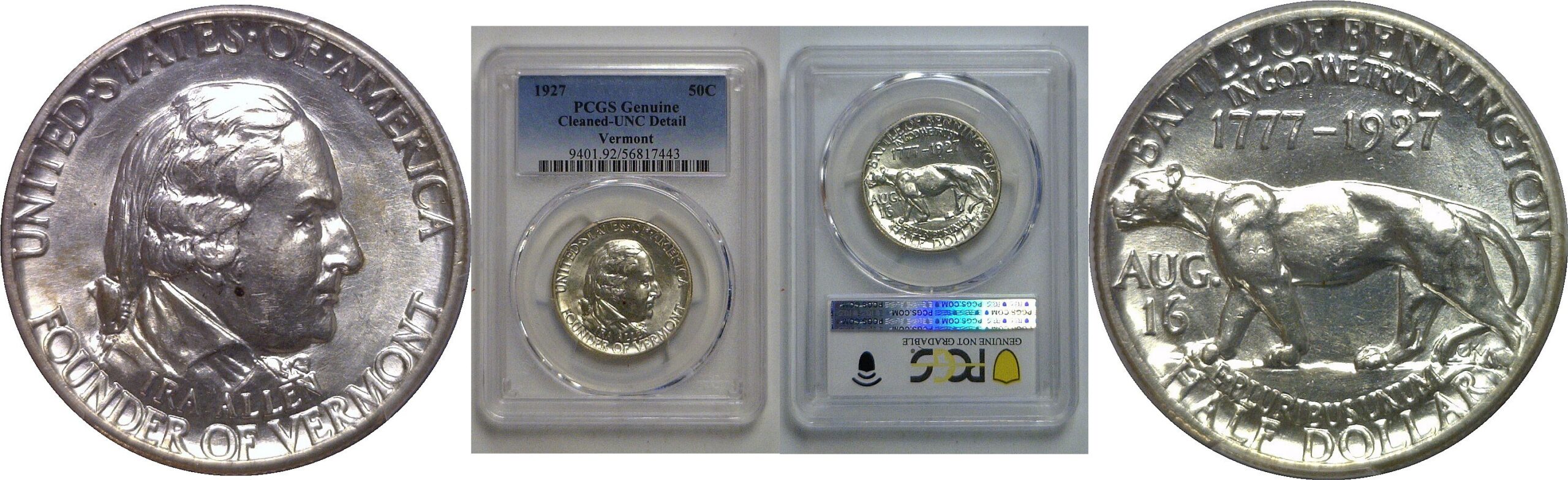 1927 Vermont Commemorative Half Dollar   PCGS Cleaned, UNC Detail