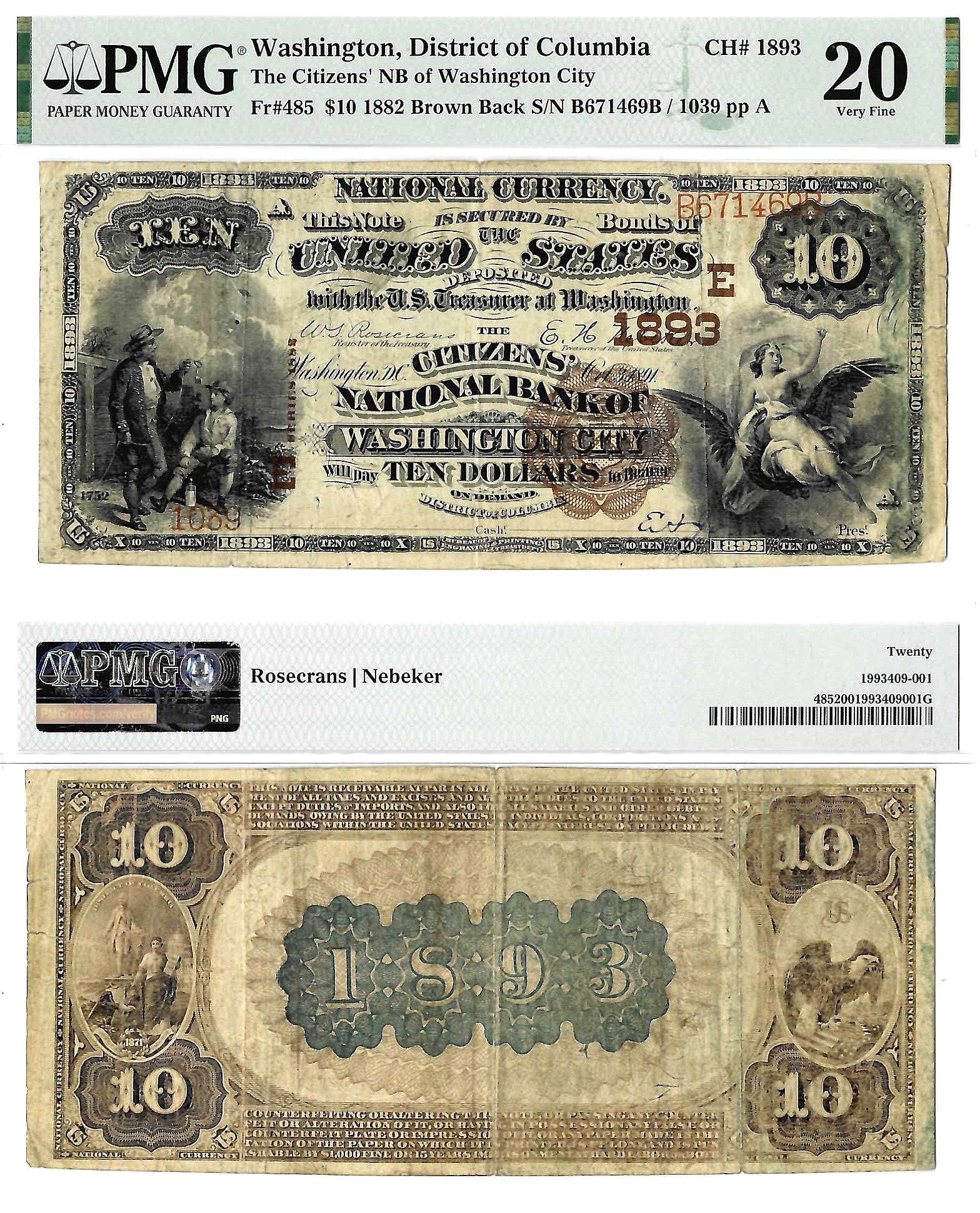 1882 $10 Citizens' NB Of Washington City DC Charter# 1893 PMG VF 20