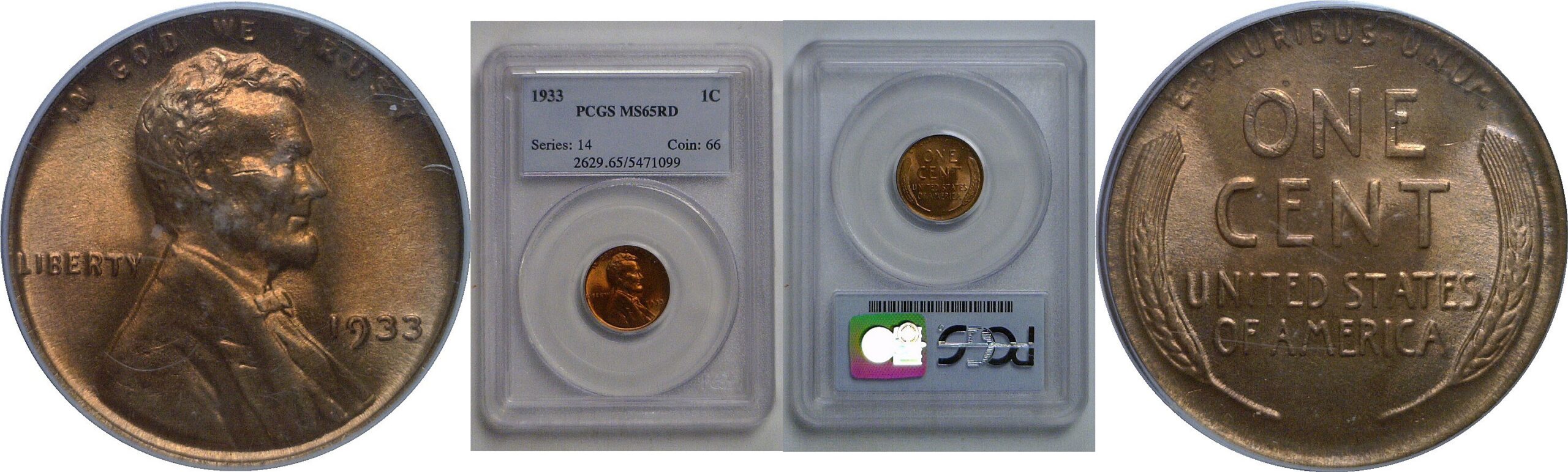 1933 Lincoln Cent   PCGS MS-65 RD