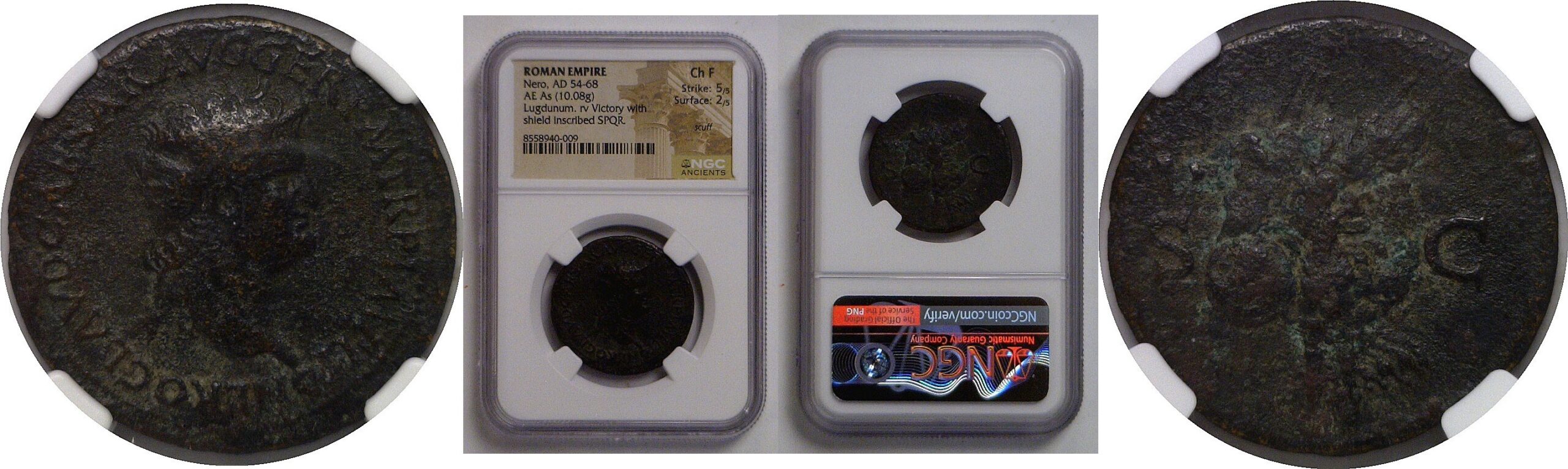 Roman Nero AD 54-68 AE As (10.08g) Lugdunum NGC Choice Fine 5/5-2/5
