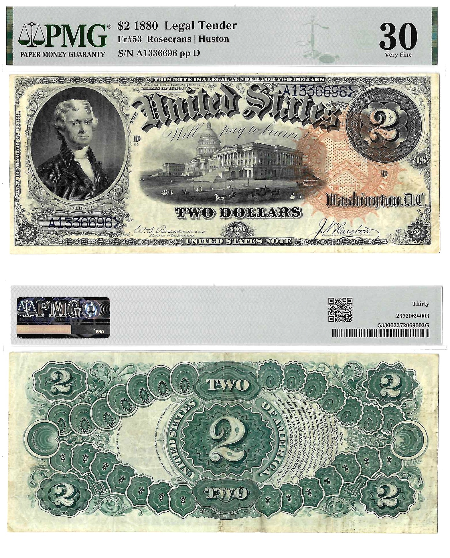 1880 $2 Legal Tender Fr. 53 PMG VF 30