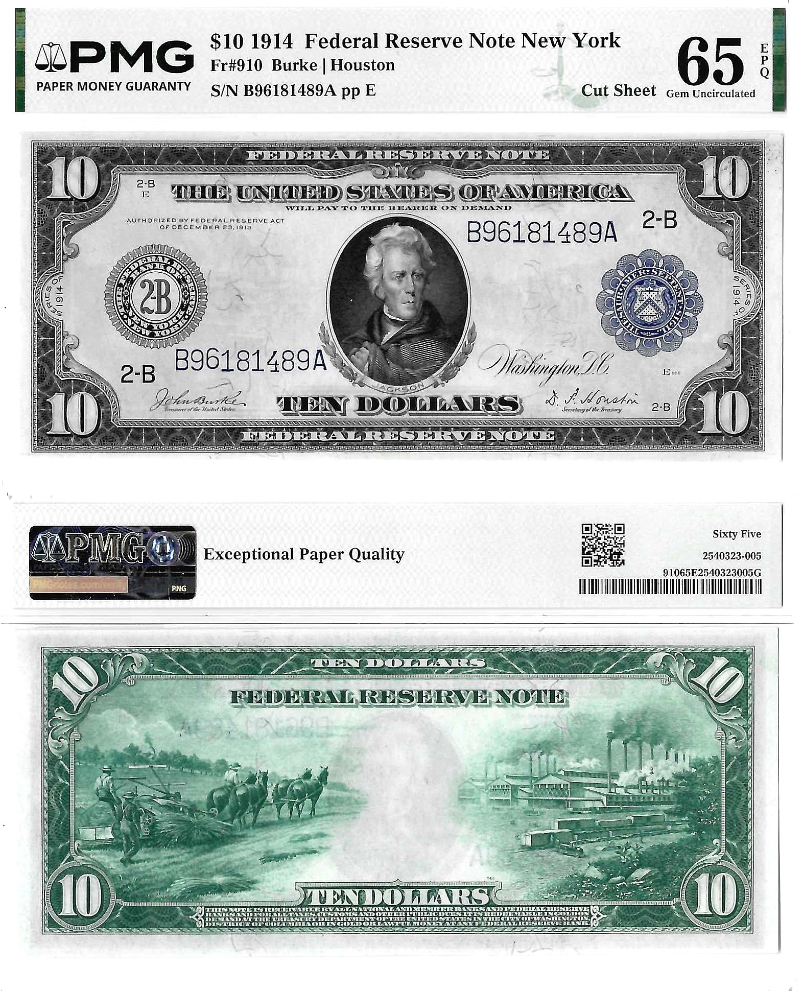 1914 $10 New York District Federal Reserve Note Fr. 910 PMG Gem Uncirculated 65 EPQ