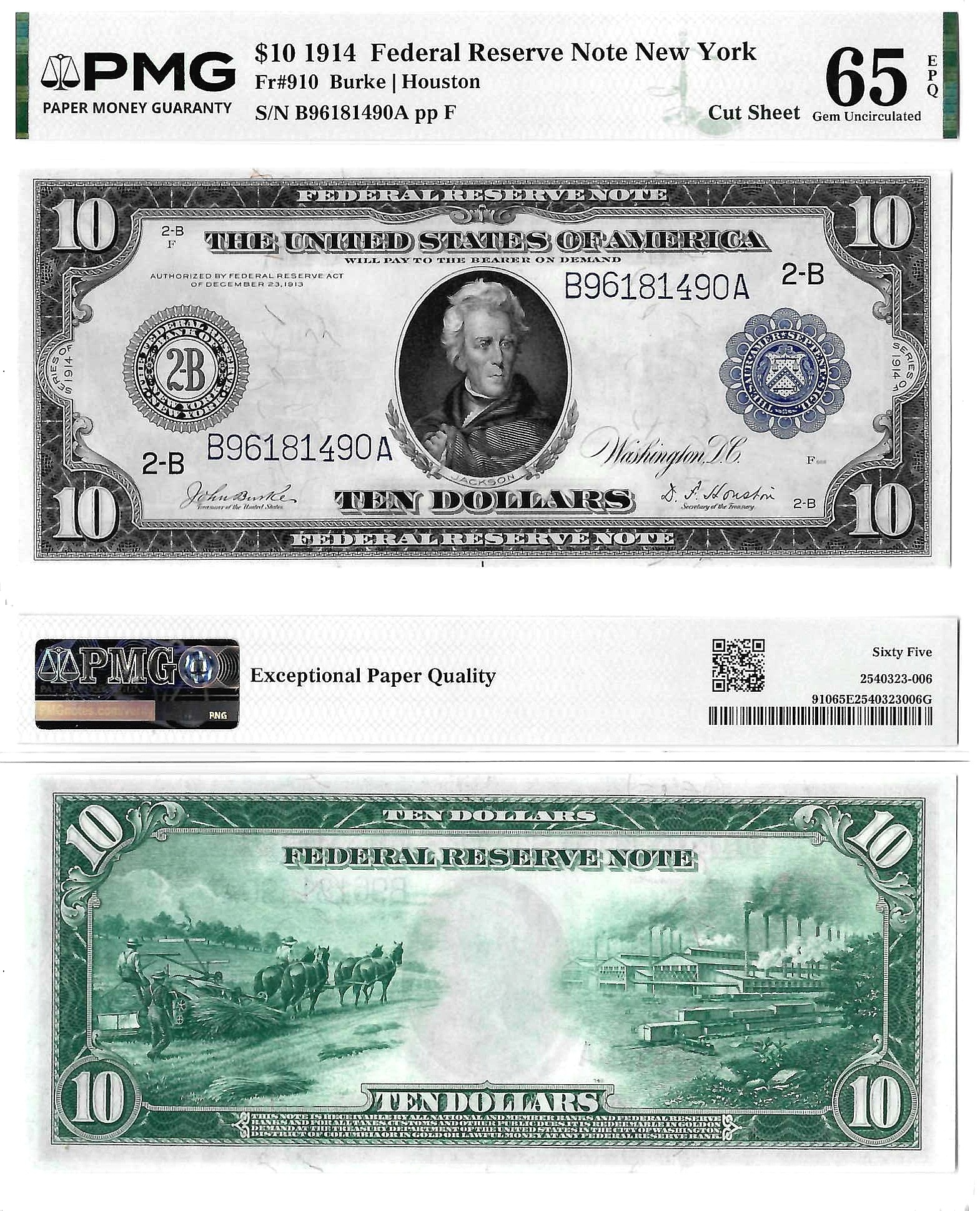 1914 $10 New York District Federal Reserve Note Fr. 910 PMG Gem Uncirculated 65 EPQ
