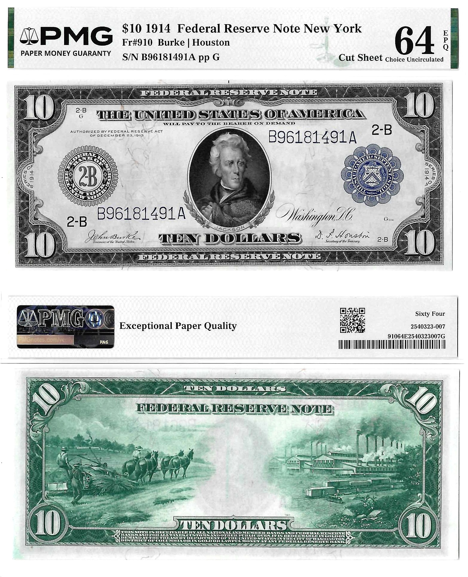 1914 $10 New York District Federal Reserve Note Fr. 910 PMG Choice Uncirculated 64 EPQ