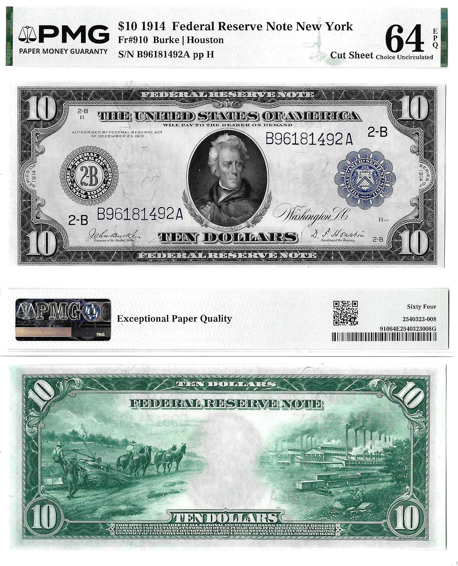 1914 $10 New York District Federal Reserve Note Fr. 910 PMG Choice Uncirculated 64 EPQ