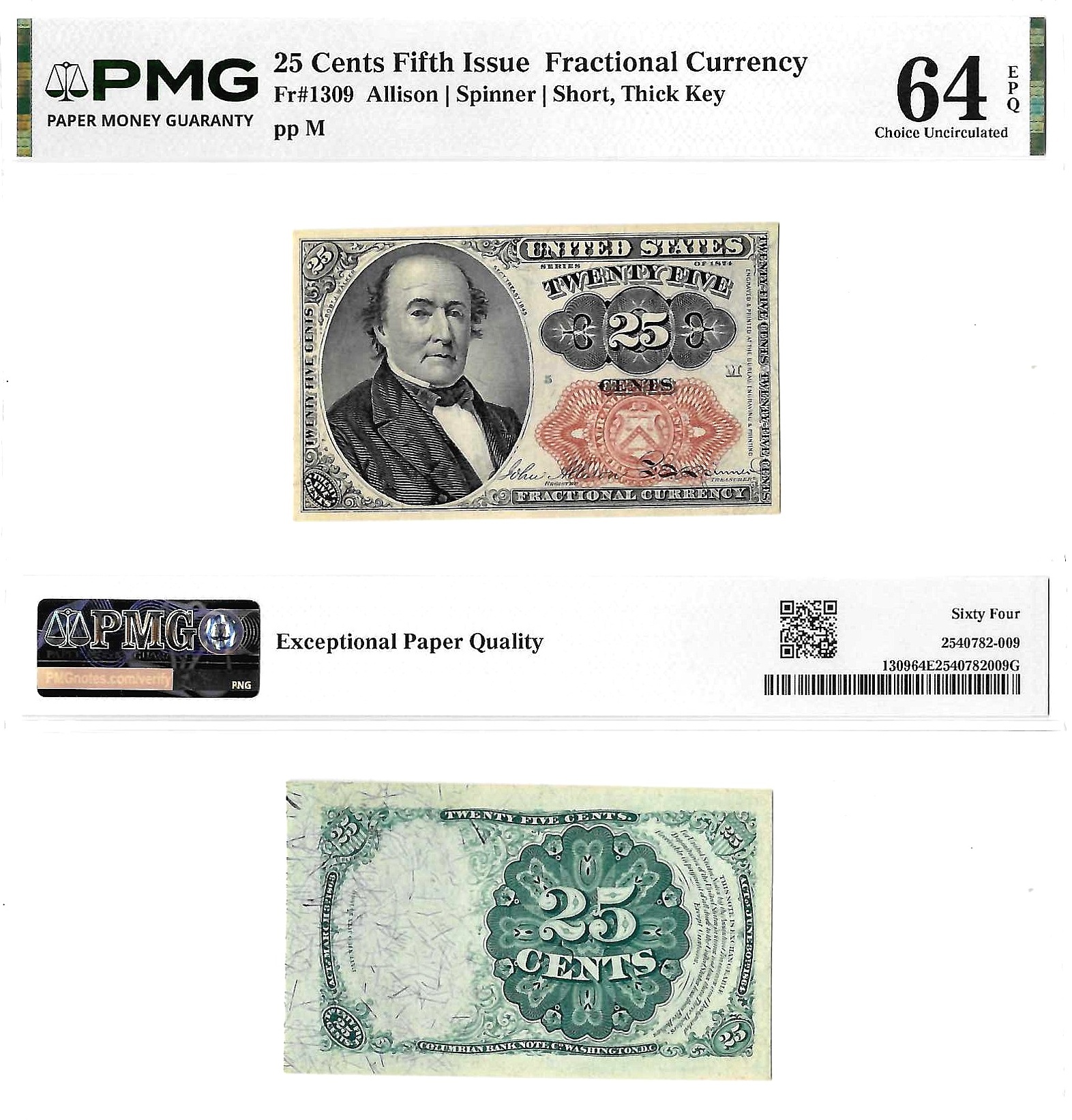 25 Cents Fifth Issue Fractional Currency Fr. 1309 PMG Choice Uncirculated 64 EPQ