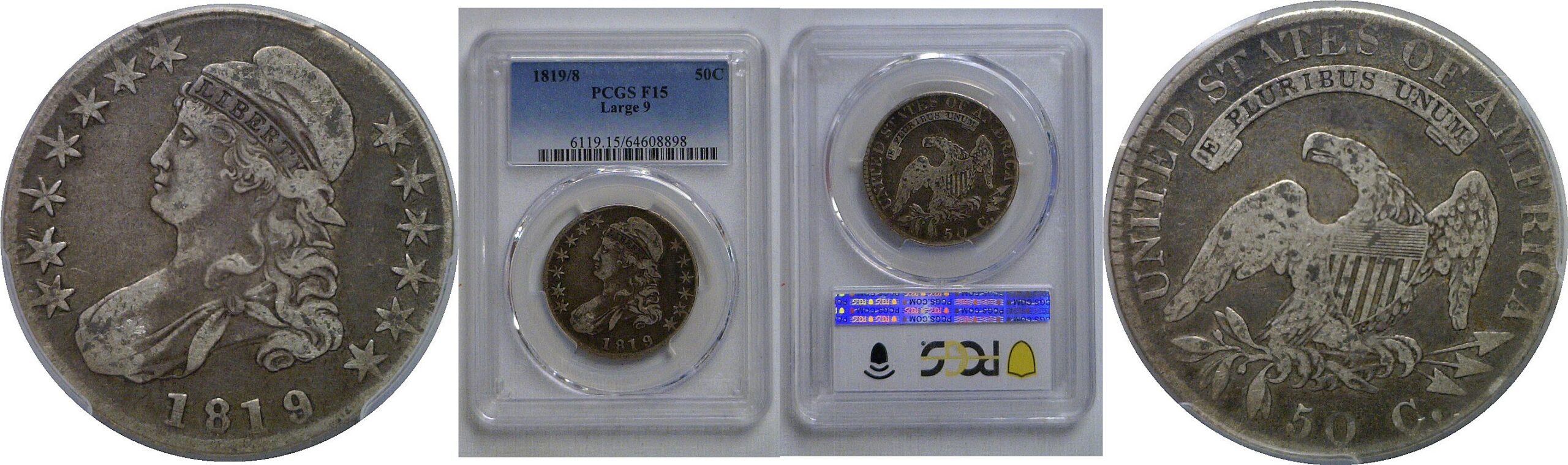 1819/8 Large 9   Bust Half Dollar   PCGS F-15