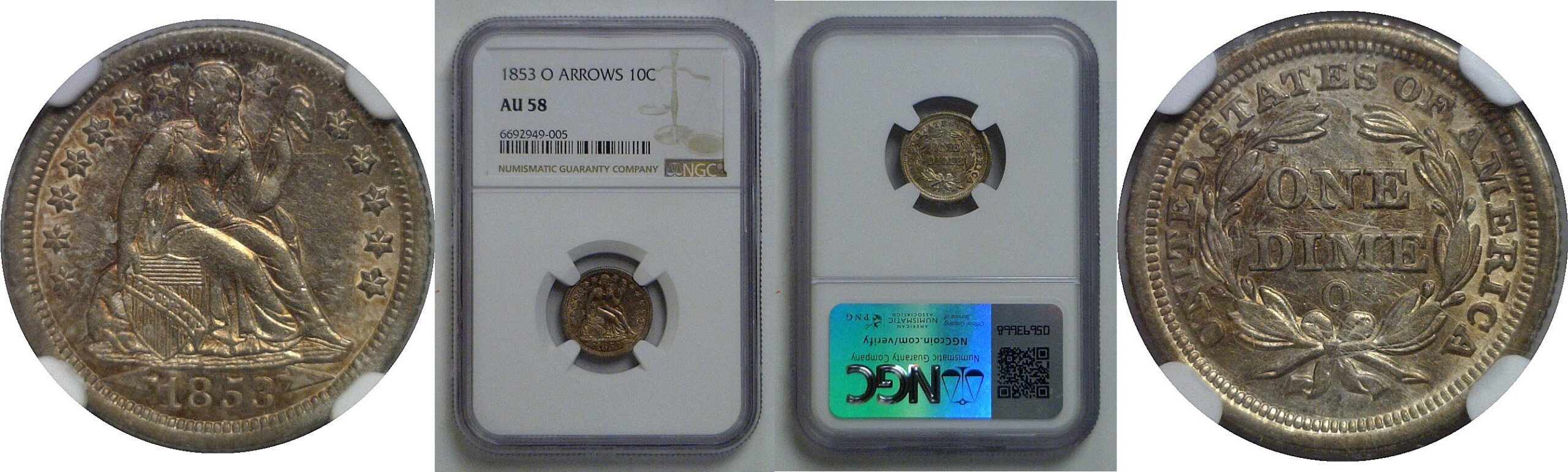 1853-O Arrows   Seated Liberty Dime   NGC AU-58