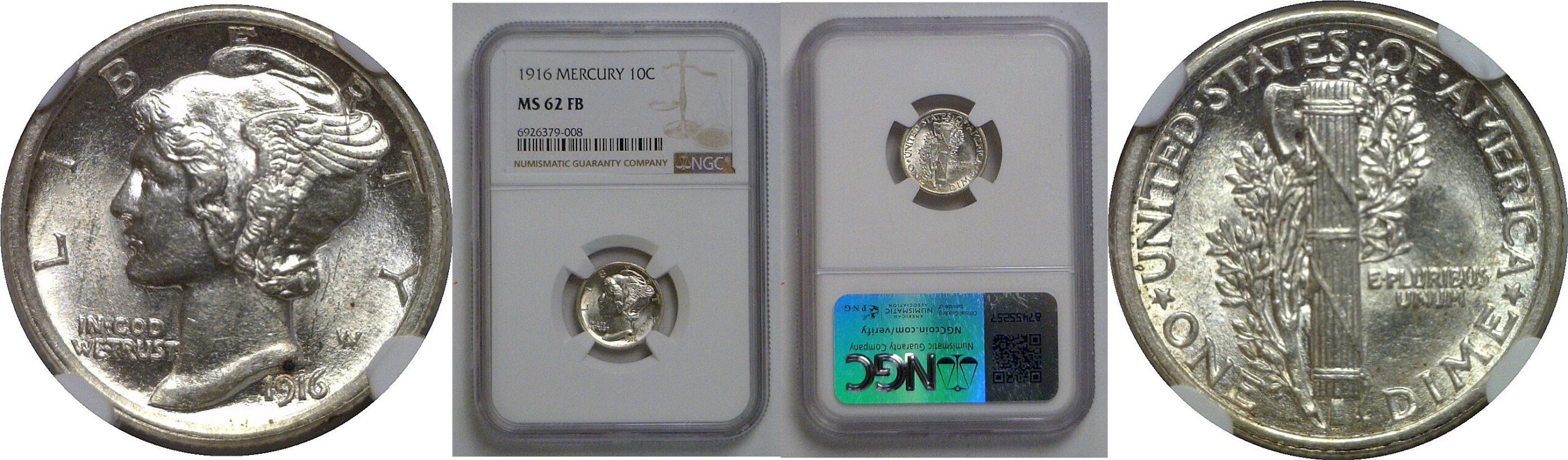 1916 Mercury Dime   NGC MS-62 FB