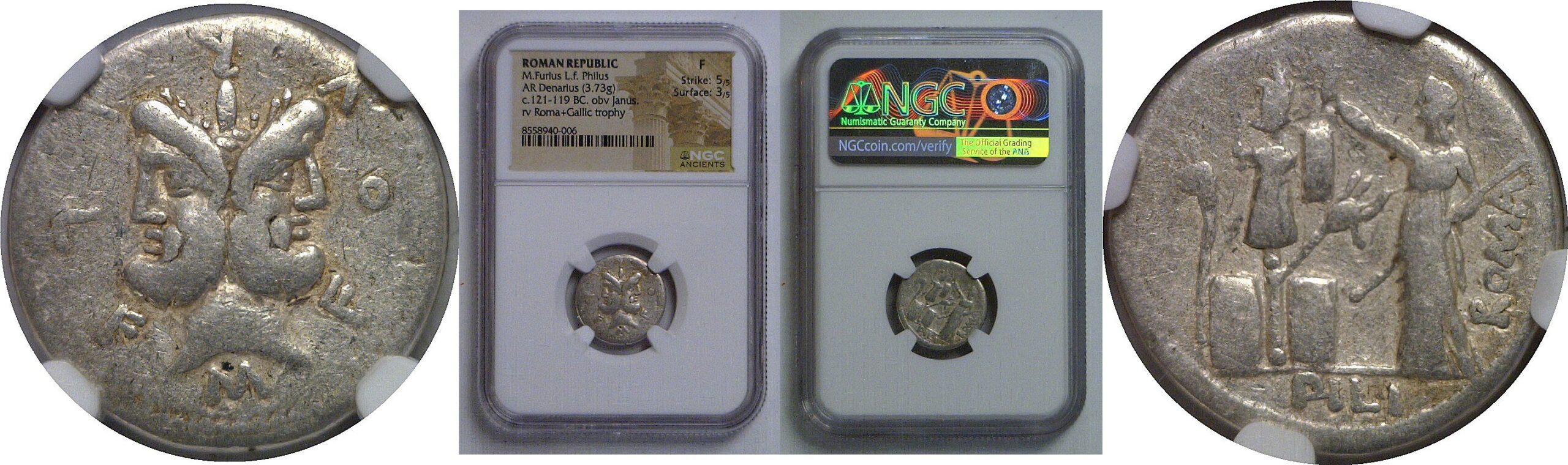 Roman Republic M. Furius L.f. Philus c. 121-119 BC AR Denarius NGC Fine 5/5-3/5