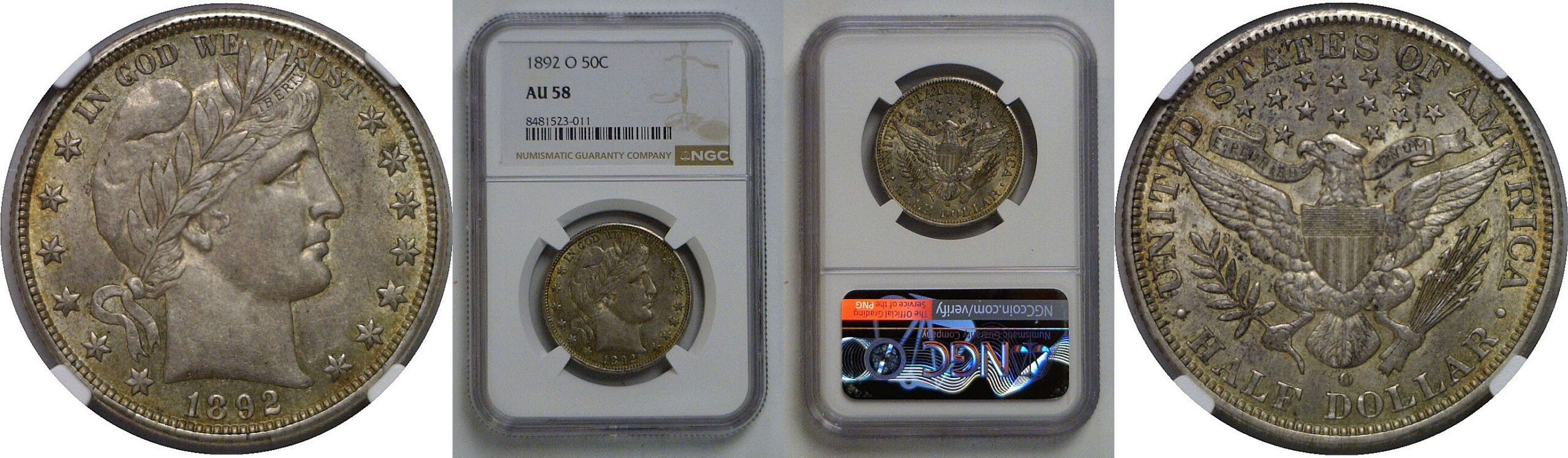 1892-O Barber Half Dollar   NGC AU-58