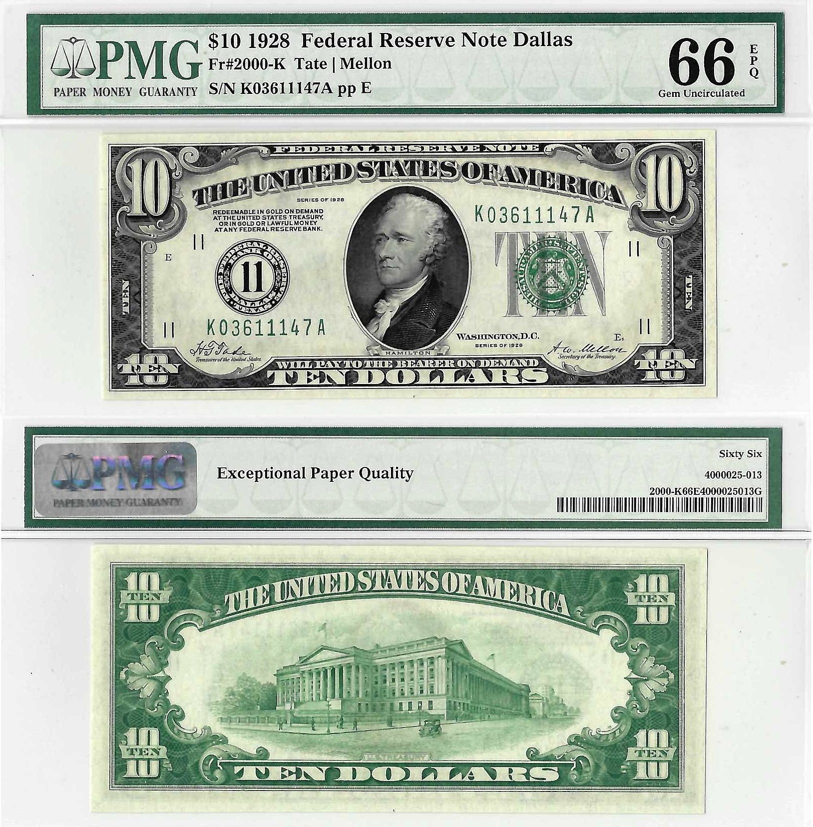 1928 $10 Dallas District Federal Reserve Note Fr. 2000-K PMG Gem Uncirculated 66 EPQ