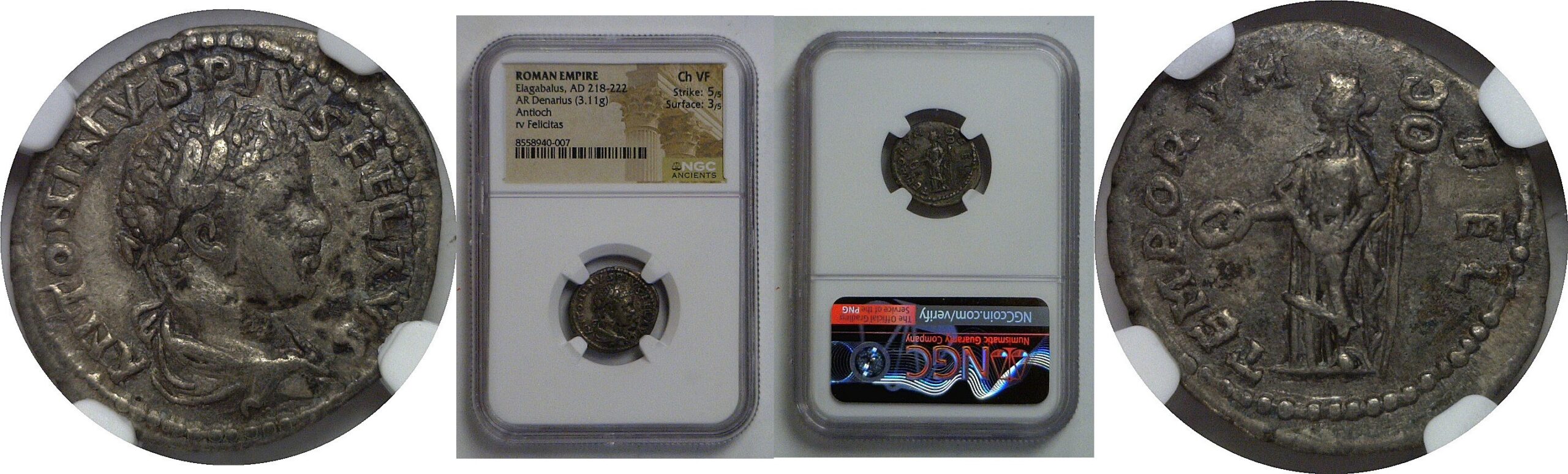 Roman Elagabalus AD 218-222 AR Denarius NGC Choice VF 5/5-3/5