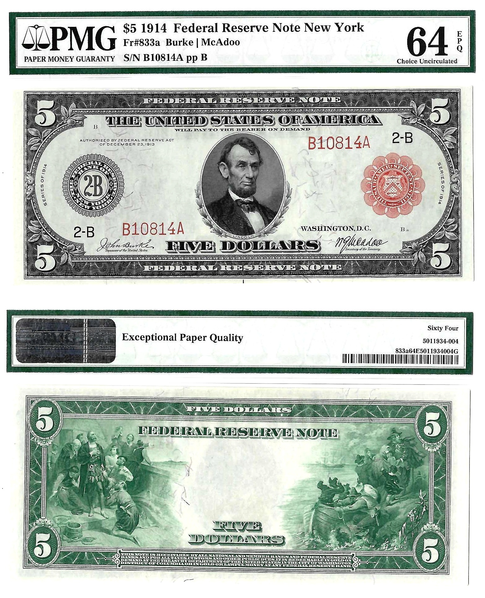 1914 $5 New York District Federal Reserve Note Fr. 833A PMG Choice Uncirculated 64 EPQ