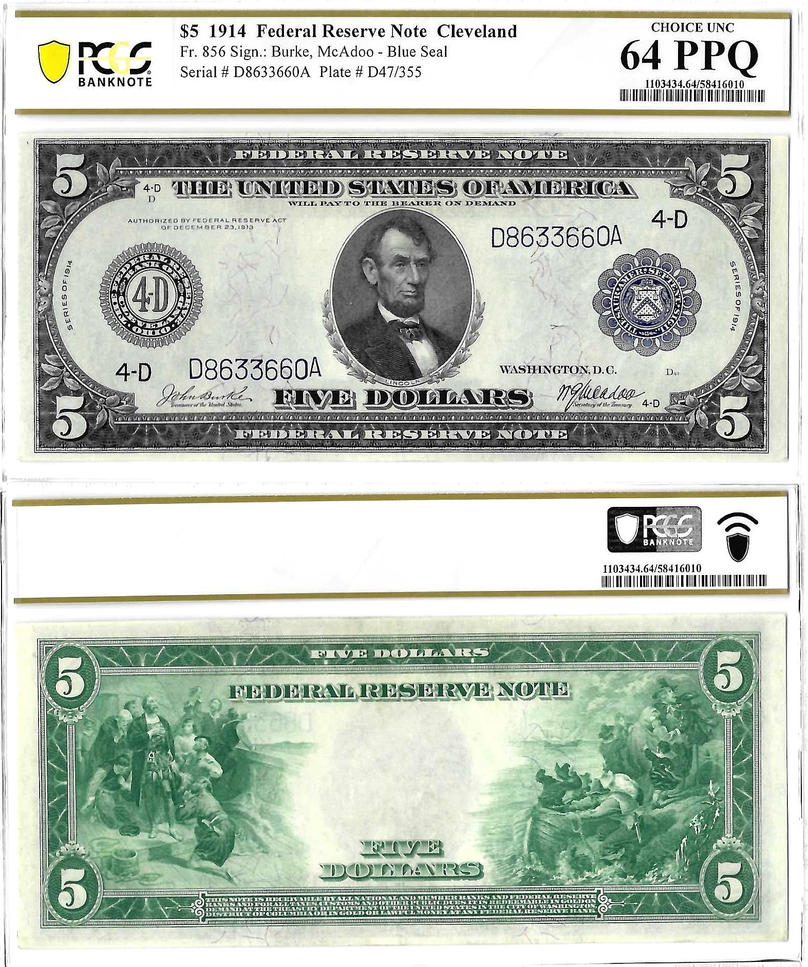 1914 $5 Cleveland District Federal Reserve Note Fr. 856 PCGS Choice UNC 64 PPQ