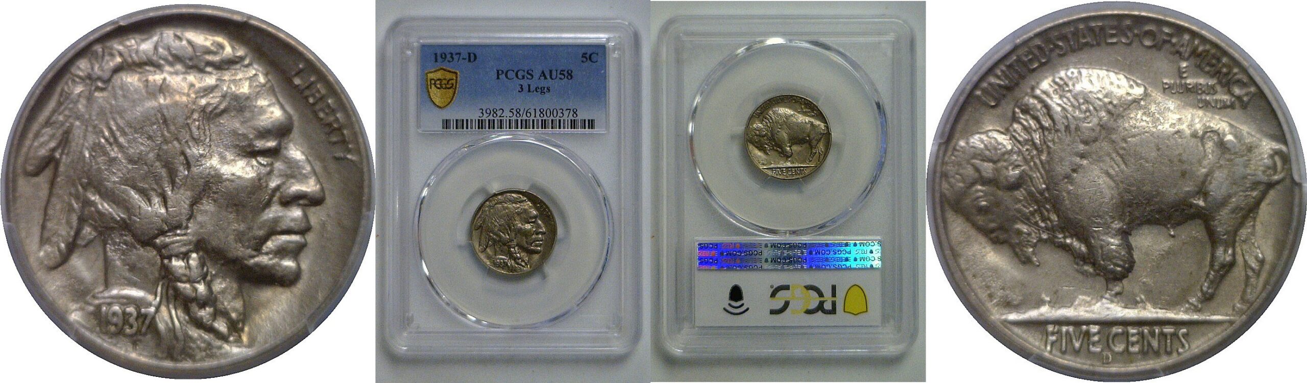 1937-D 3 Legs   Buffalo Nickel   PCGS AU-58