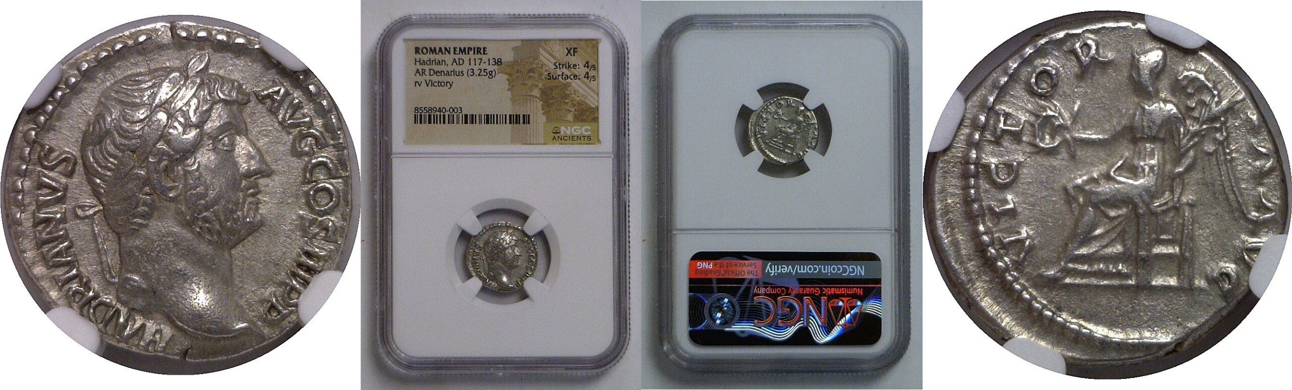 Roman Hadrian AD 117-138 AR Denarius NGC XF 4/5-4/5