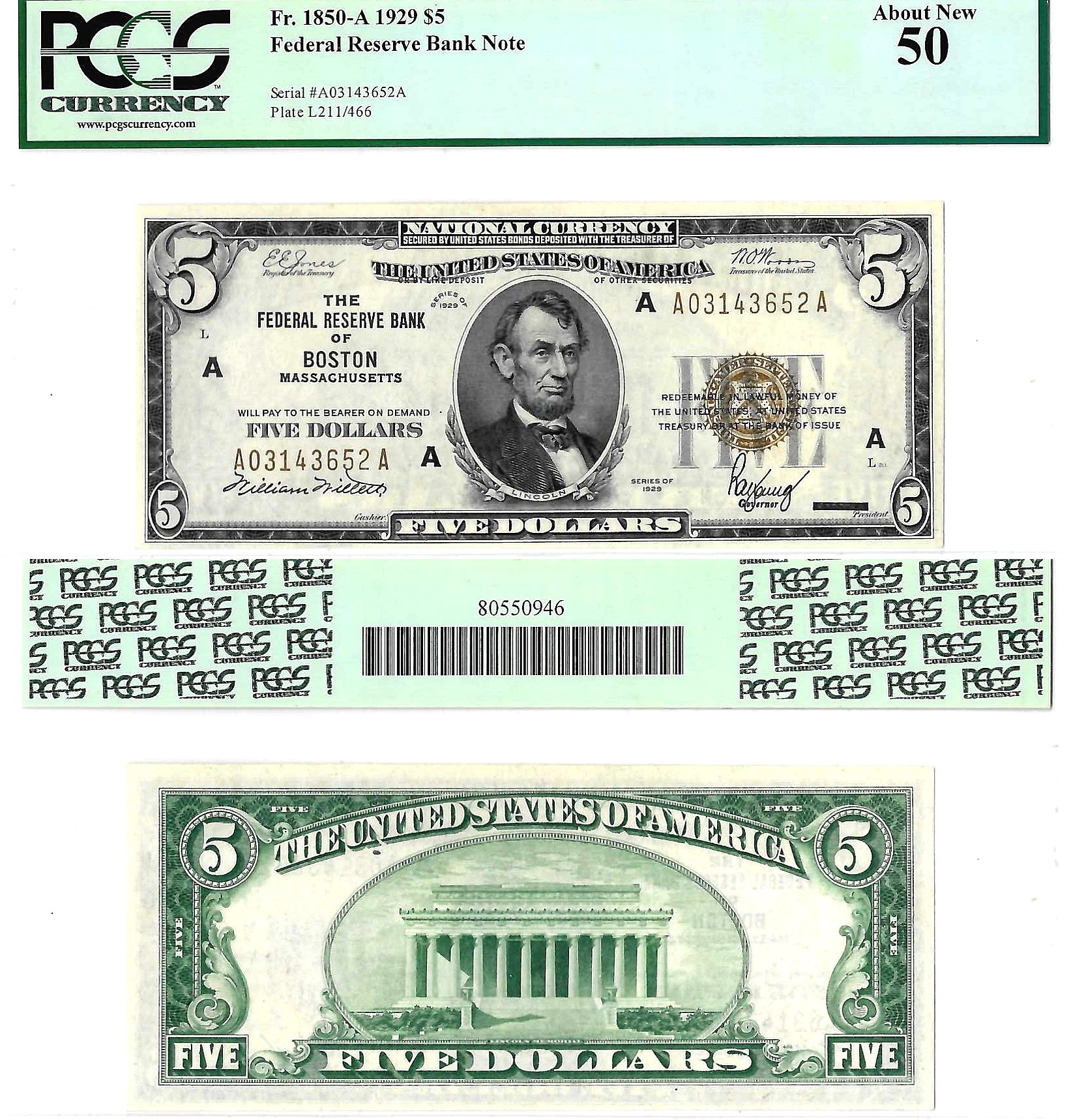 1929 $5 Boston District FRBN Fr. 1850-A PCGS About New 50