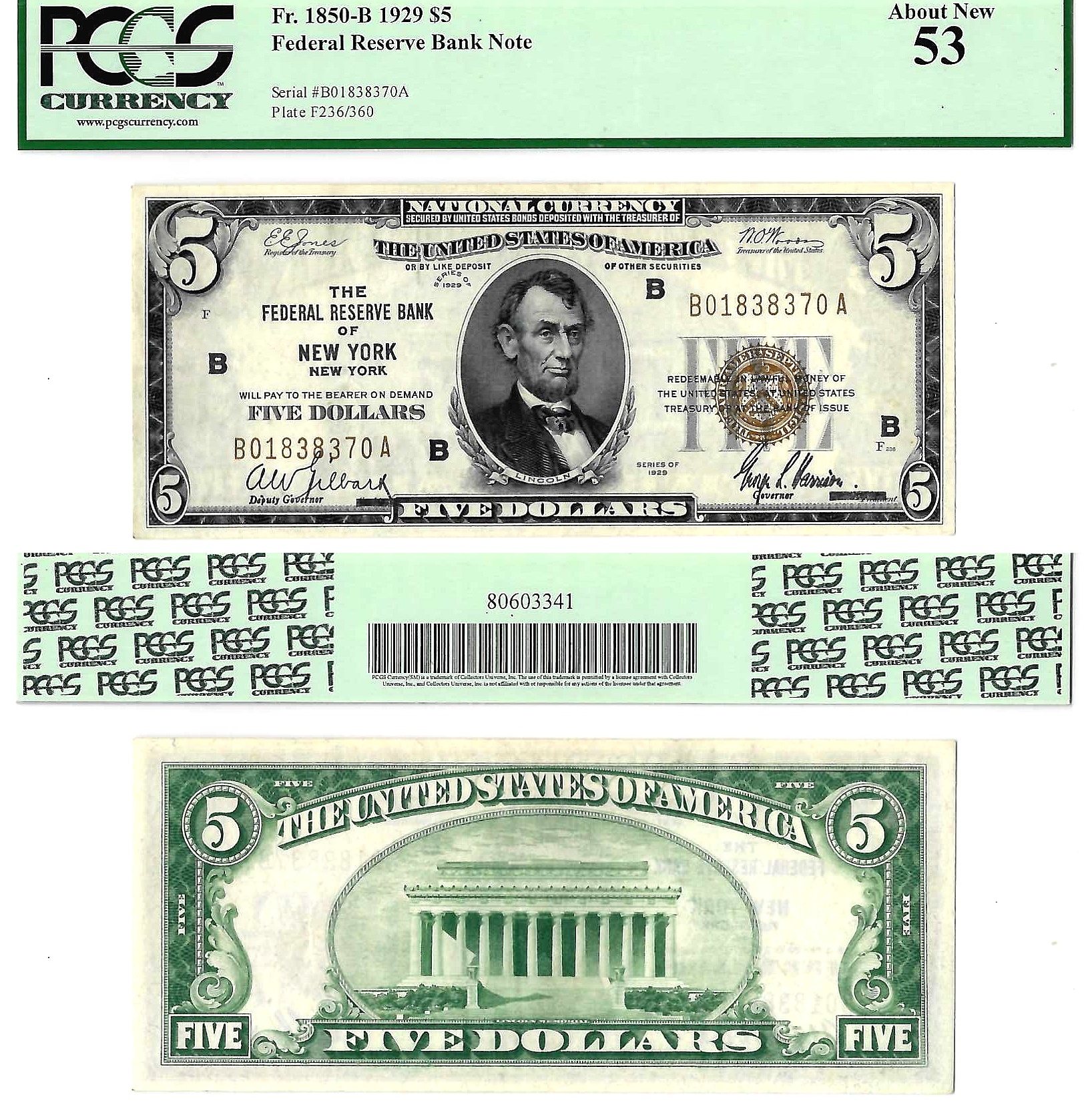 1929 $5 New York District FRBN Fr. 1850-B PCGS About New 53