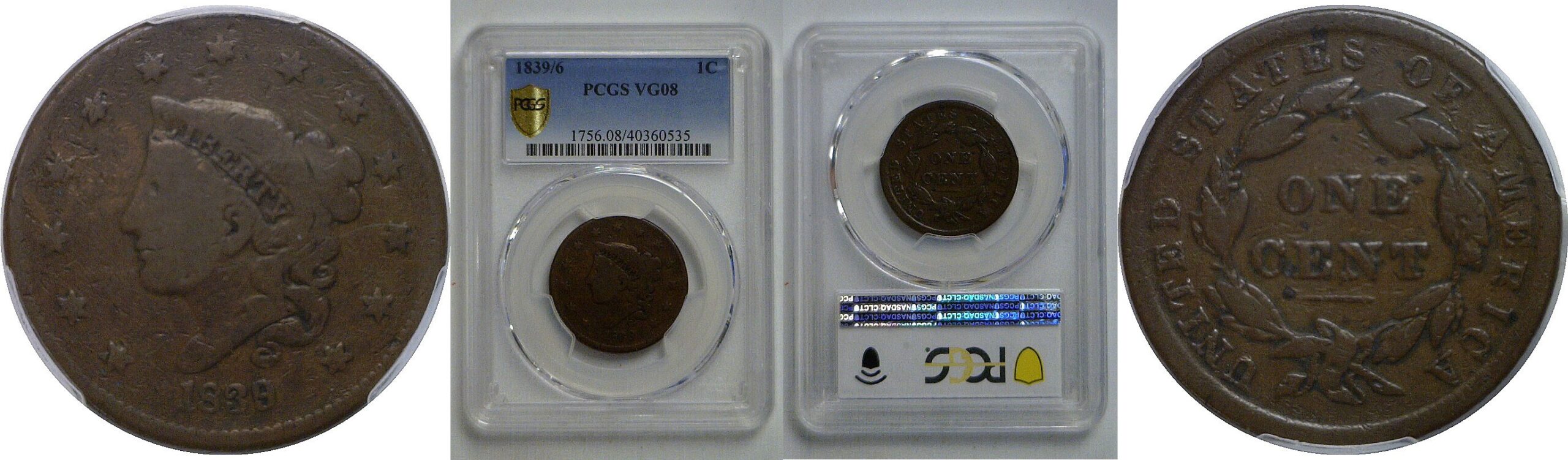 1839/6 Large Cent   PCGS VG-8