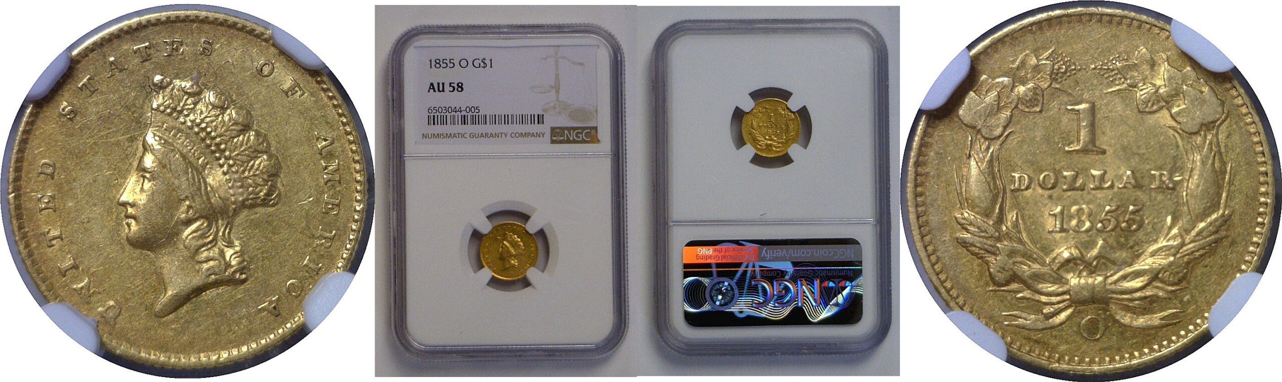 1855-O  Gold Dollar   NGC AU-58