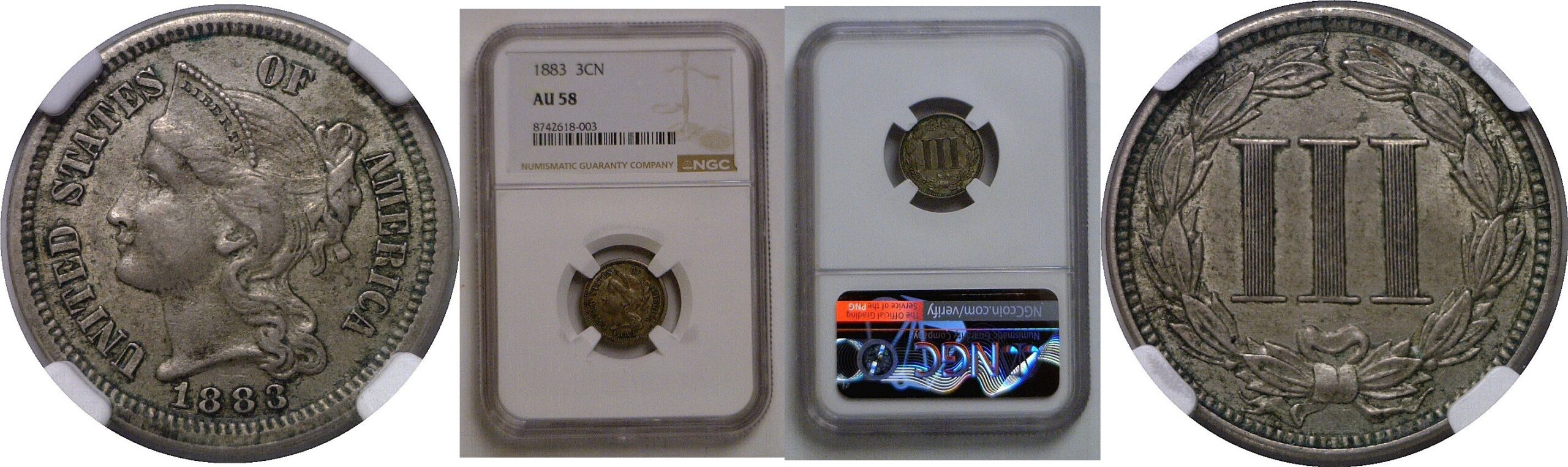 1883 Nickel Three Cent   NGC AU-58