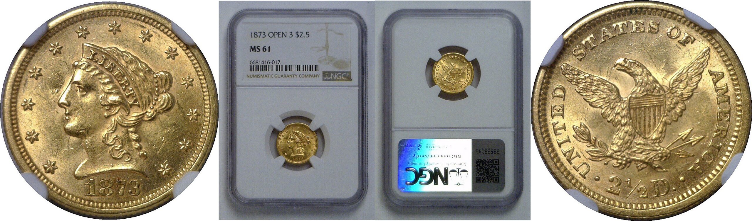 1873 Open 3   $2 1/2 Liberty   NGC MS-61