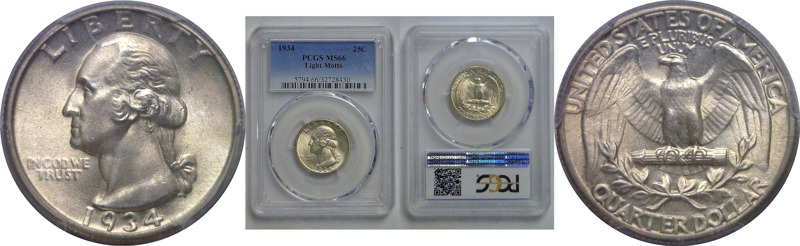 1934 Light Motto   Washington Quarter   PCGS MS-66