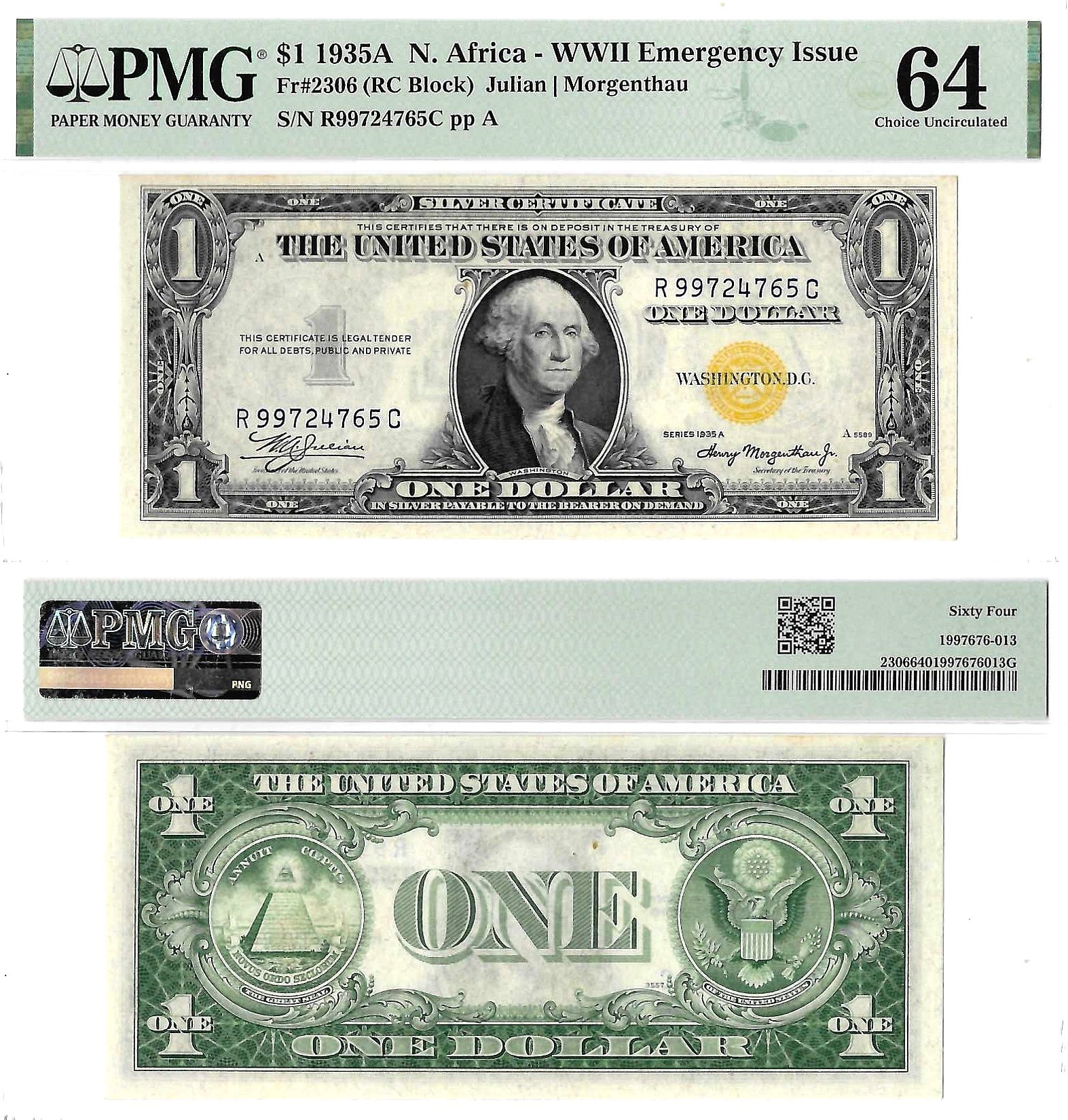 1935-A $1 Silver Certificate North Africa Fr. 2306 PMG Choice Uncirculated 64