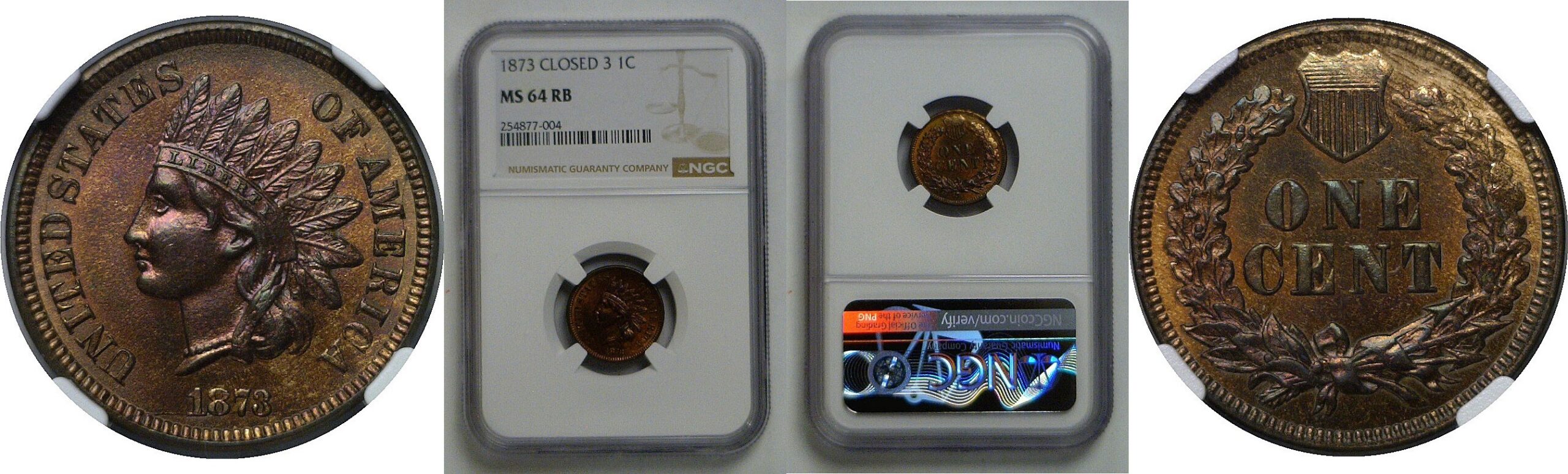 1873 Closed 3   Indian Head Cent   NGC MS-64 RB