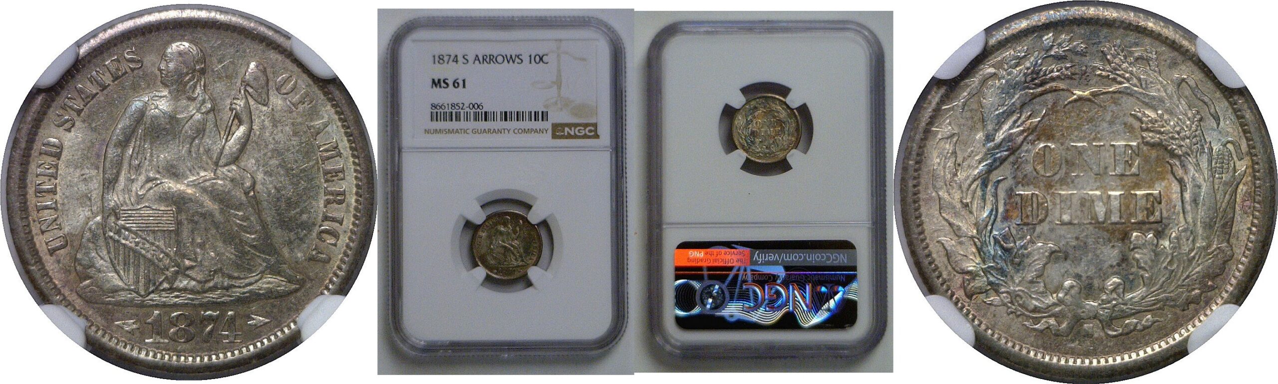 1874-S Arrows   Seated Liberty Dime   NGC MS-61