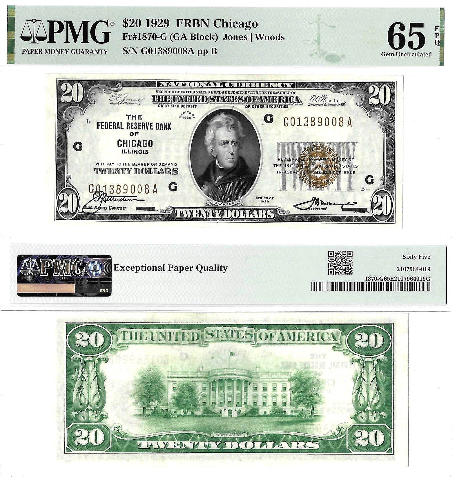 1929 $20 Chicago District Federal Reseve Bank Note Fr. 1870-G PMG Gem Unc 65 EPQ