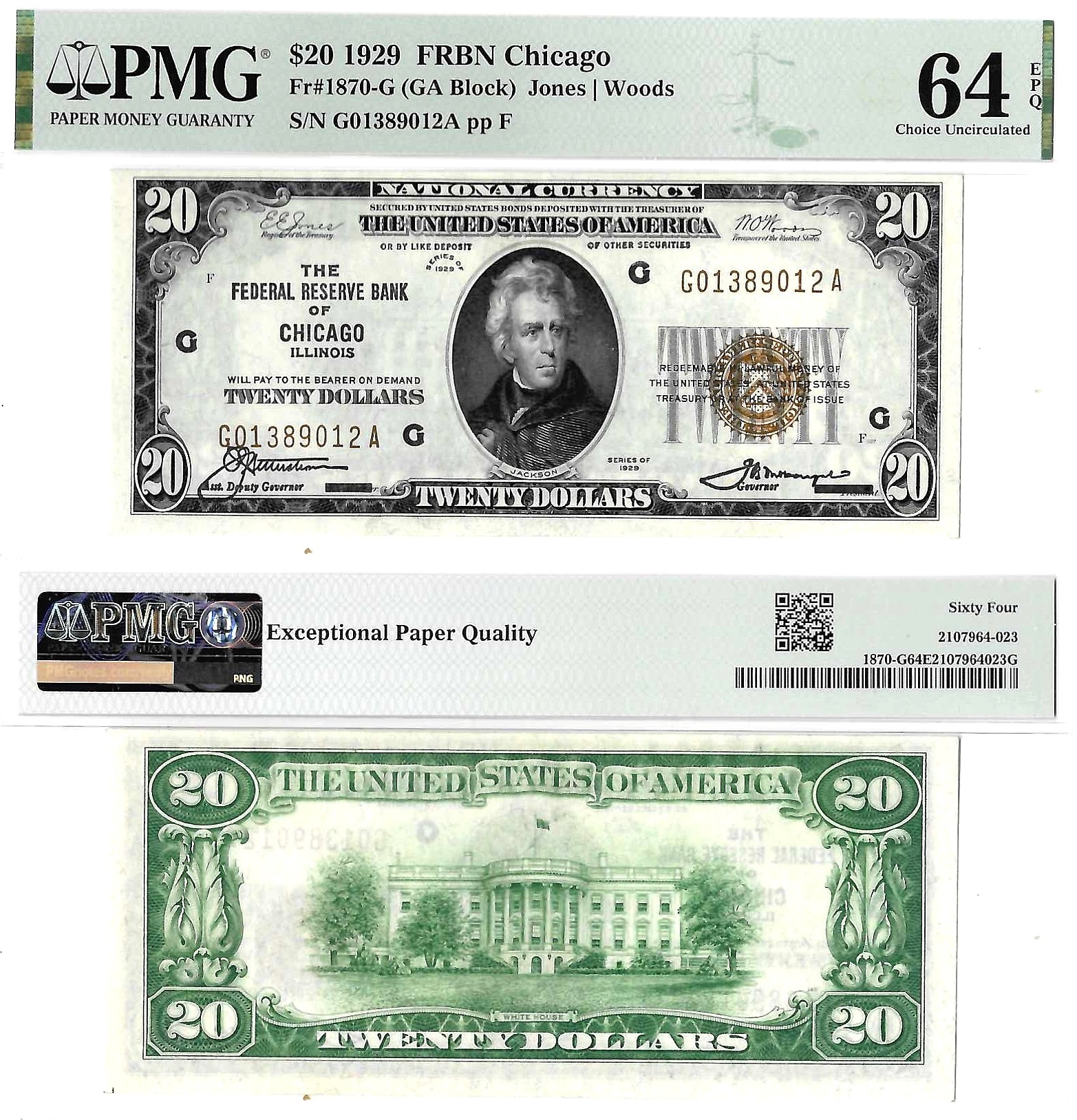 1929 $20 Chicago District Federal Reserve Bank Note Fr. 1870-G PMG Choice Unc 64 EPQ