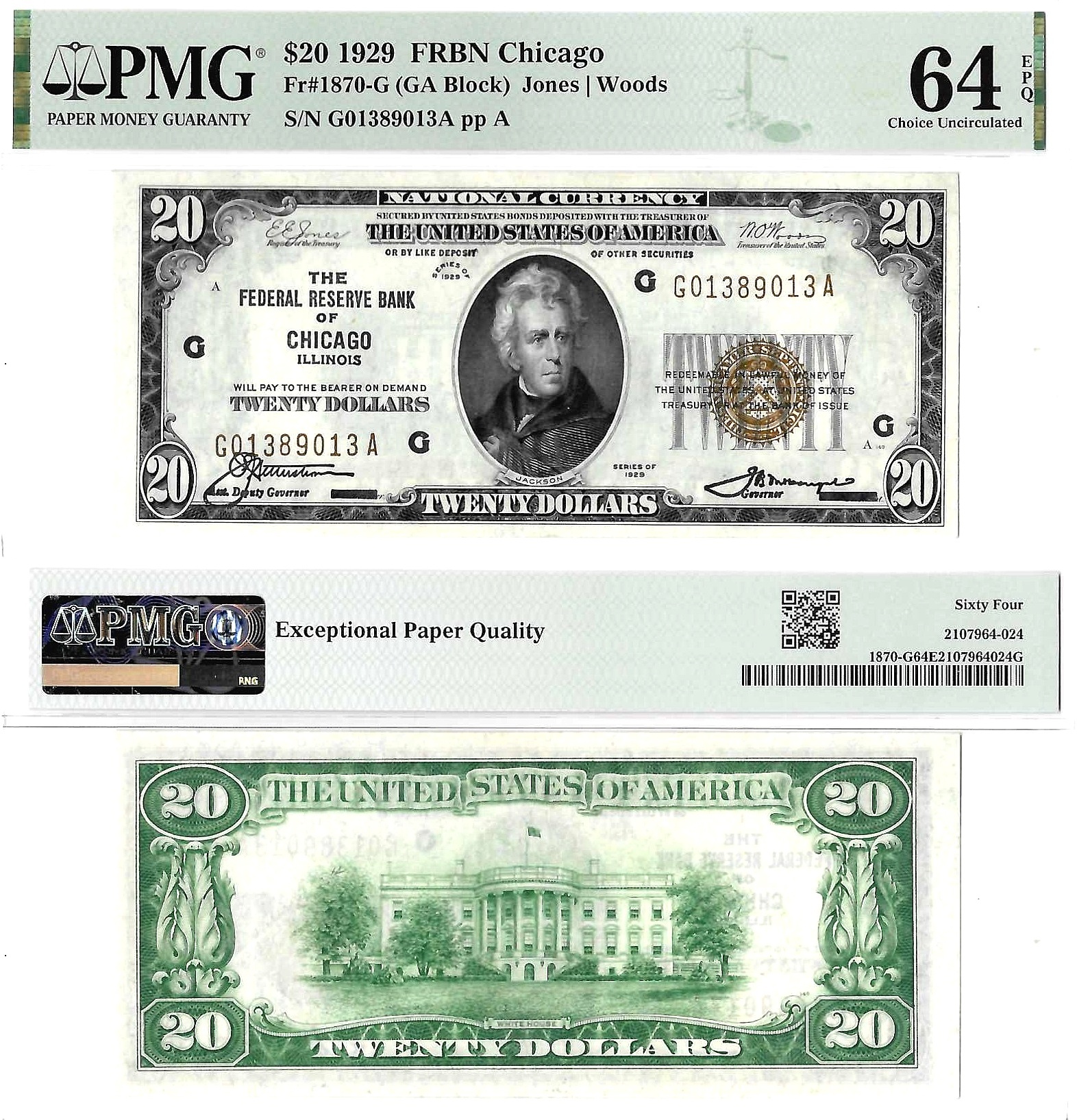 1929 $20 Chicago District Federal Reserve Bank Note Fr. 1870-G PMG Choice Unc 64 EPQ