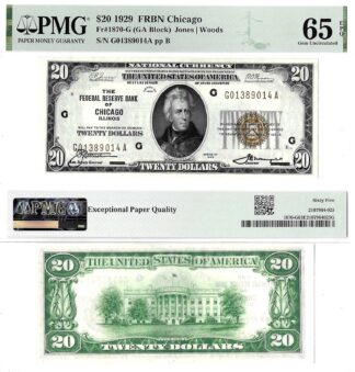 1929 $20 Chicago District Federal Reserve Bank Note Fr. 1870-G PMG Gem Unc 65 EPQ