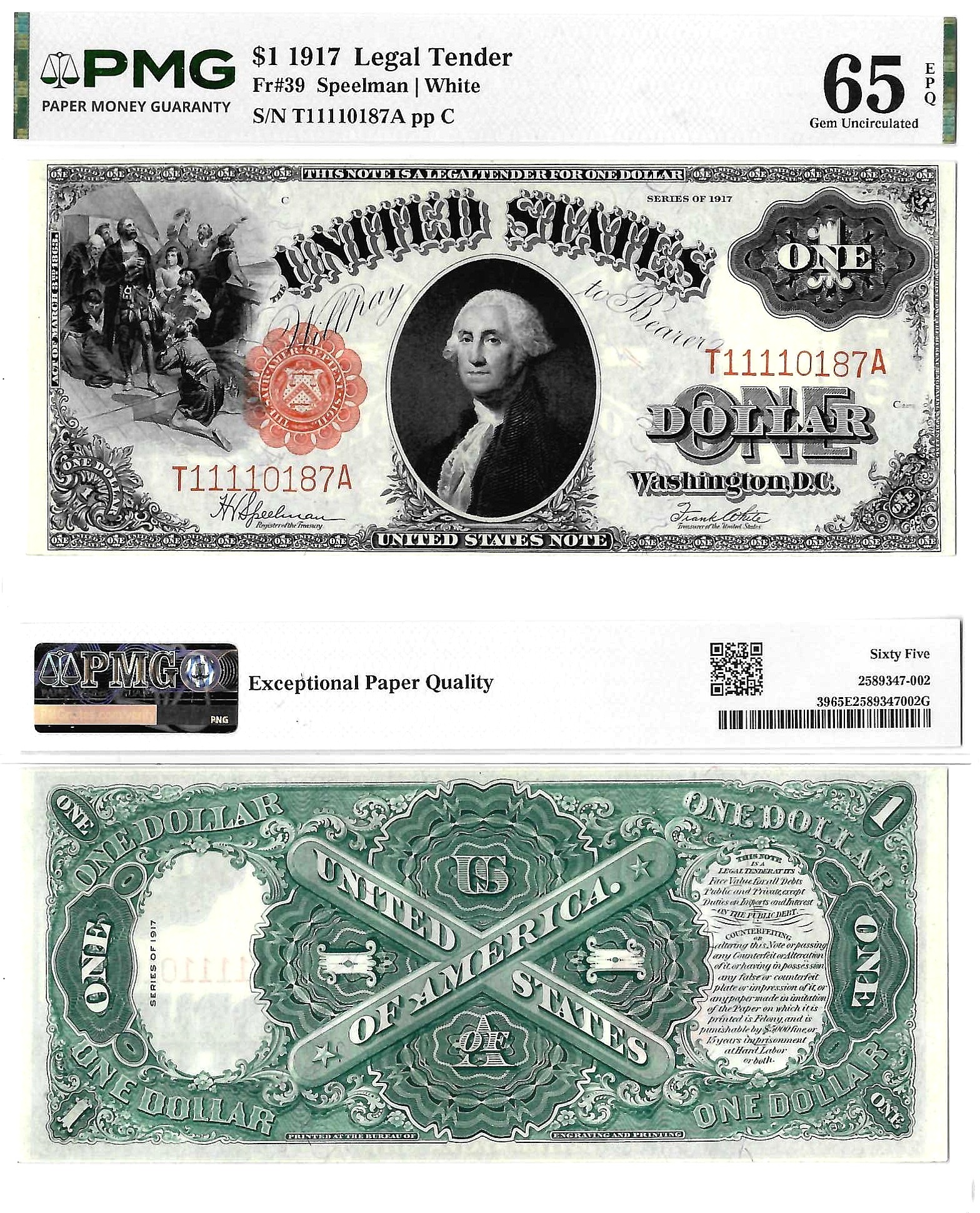 1917 $1 Legal Tender Fr. 39 PMG Gem Uncirculated 65 EPQ