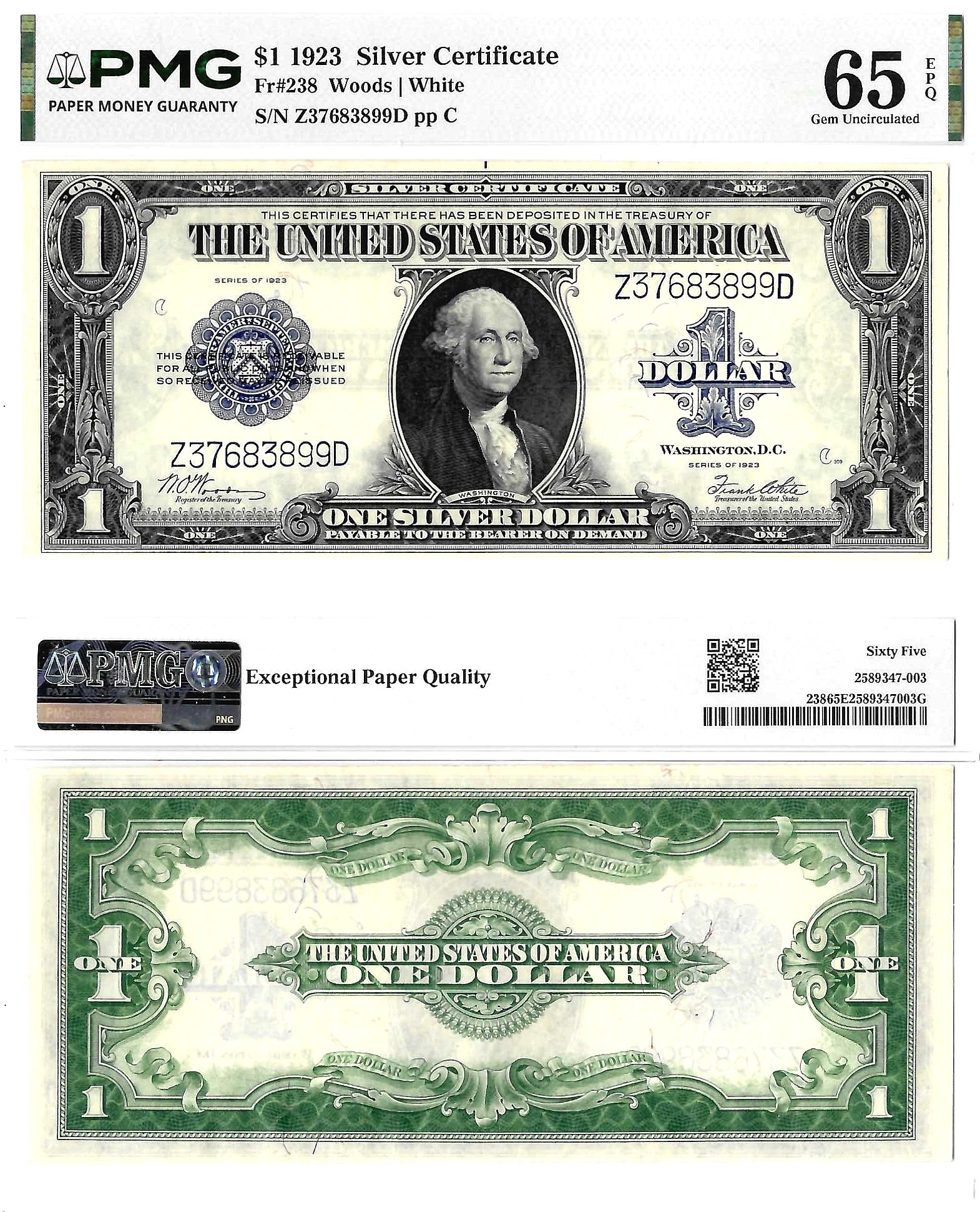 1923 $1 Silver Certificate Fr. 238 PMG Gem Uncirculated 65 EPQ
