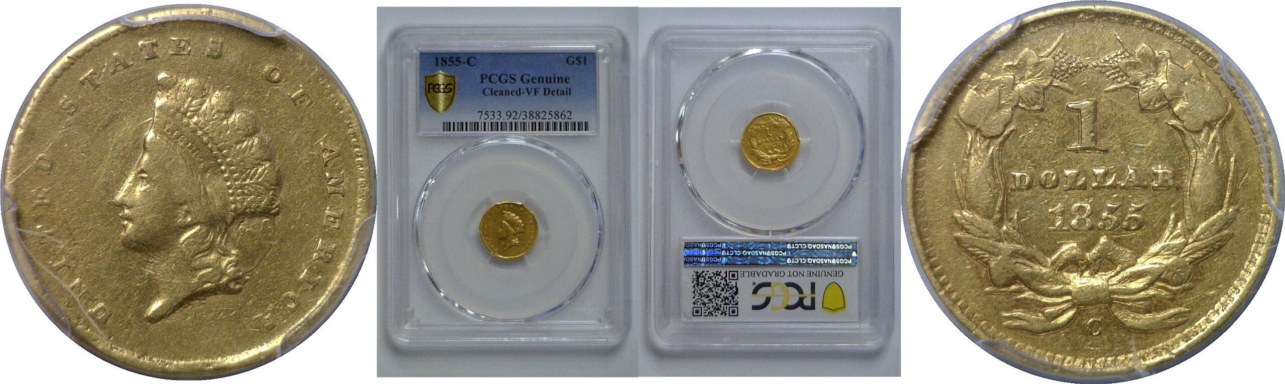 1855-C  Gold Dollar   PCGS Genuine, Cleaned-VF Detail