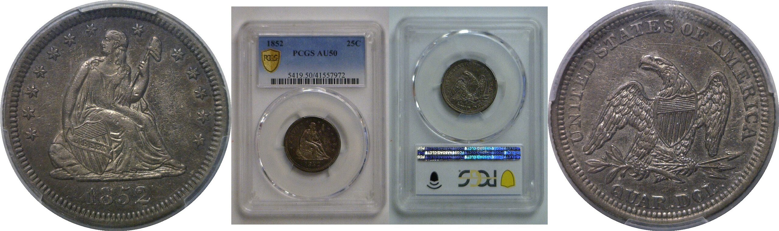 1852 Seated Liberty Quarter   PCGS AU-50