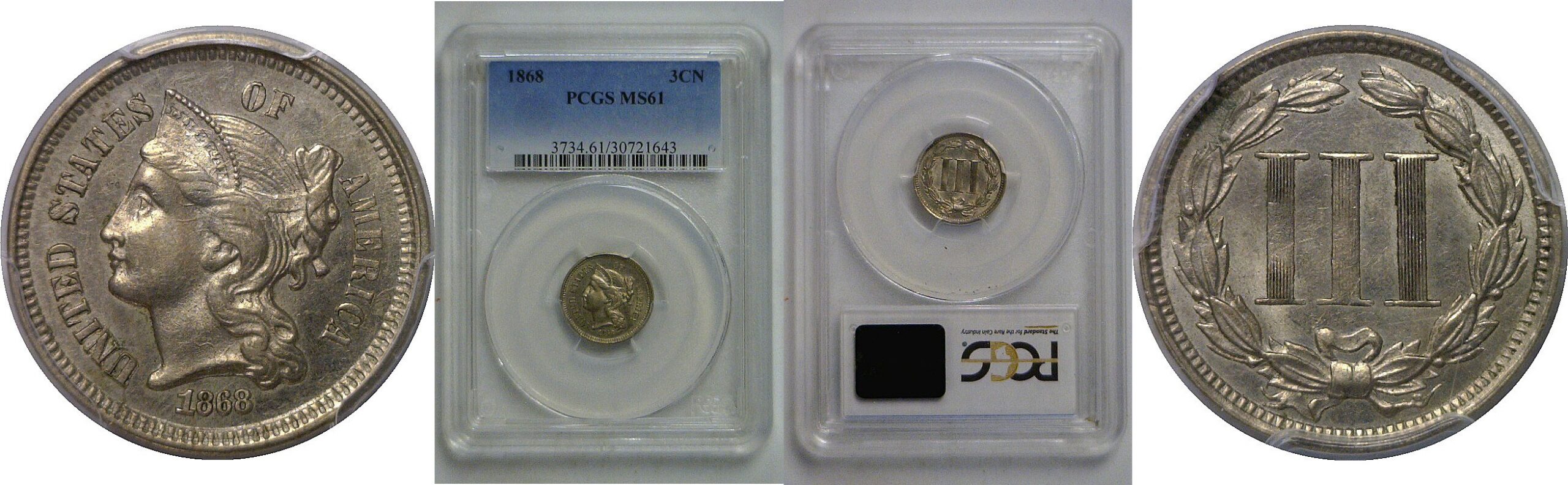 1868 Nickel Three Cent   PCGS MS-61