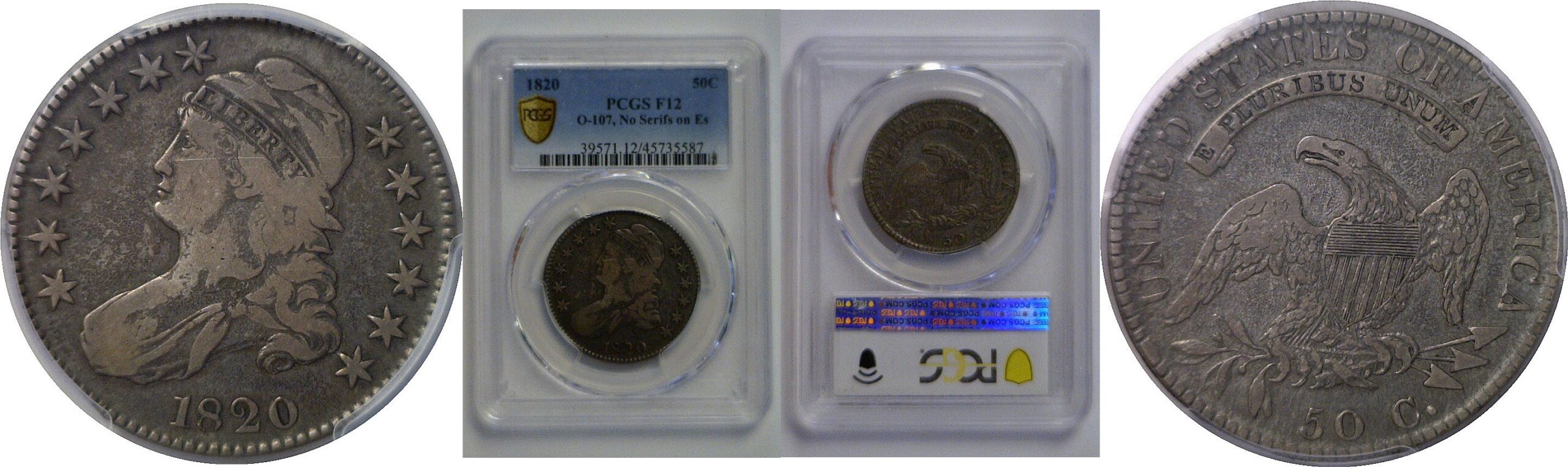 1820 No Serifs on Es   Bust Half Dollar   PCGS F-12
