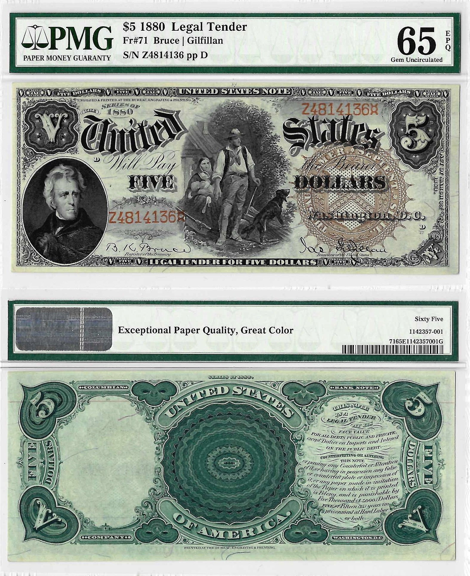 1880 $5 Legal Tender Note Fr. 71 PMG Gem UNC 65 EPQ