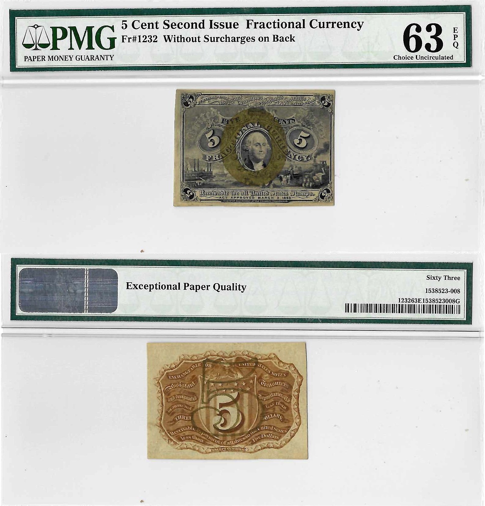 5 Cent Second Issue Fractional Currency Fr. 1232 PMG Choice UNC 63 EPQ