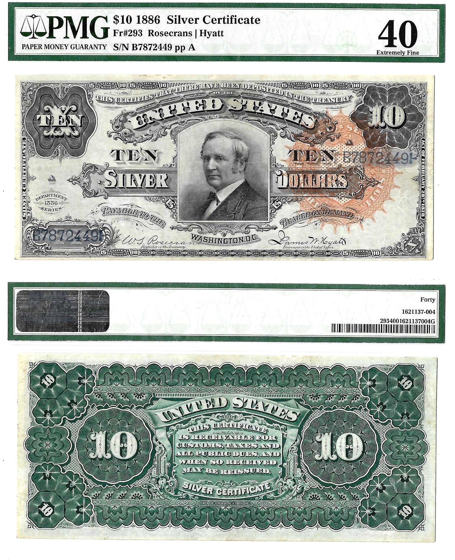 1886 $10 Silver Certificate Fr. 293 PMG XF 40